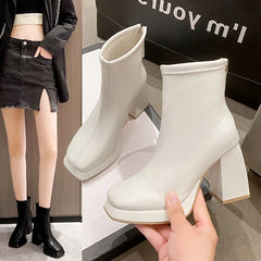 Cyflymder Beige Women Ankle Boots Platform Square High Heel Ladies Short Boots Patent PU Leather Round Toe Women's Boots