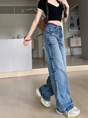 Cyflymder  Y2K Washed Denim Pants Women High Waist Wide Leg Jeans Spicy Girl Retro Straight Leg Loose Fit Long Trousers Autumn