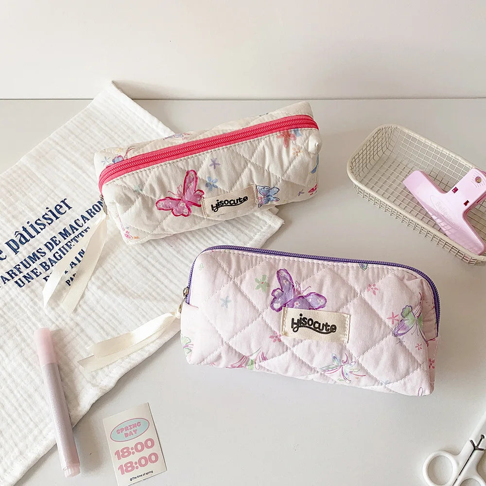 Cyflymder  1 Piece Korean Fashion Aesthetic Butterfly Pencil Case Print Floral Pink Purple Color Stationery Storage School Student Pen Bag