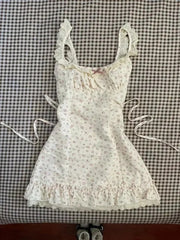Cyflymder  Woman Dress Floral Printed Ruffles Patchwork Bow Lace Square Collar Sleeveless Slim Backless Sweet Mini Dresses Ladies