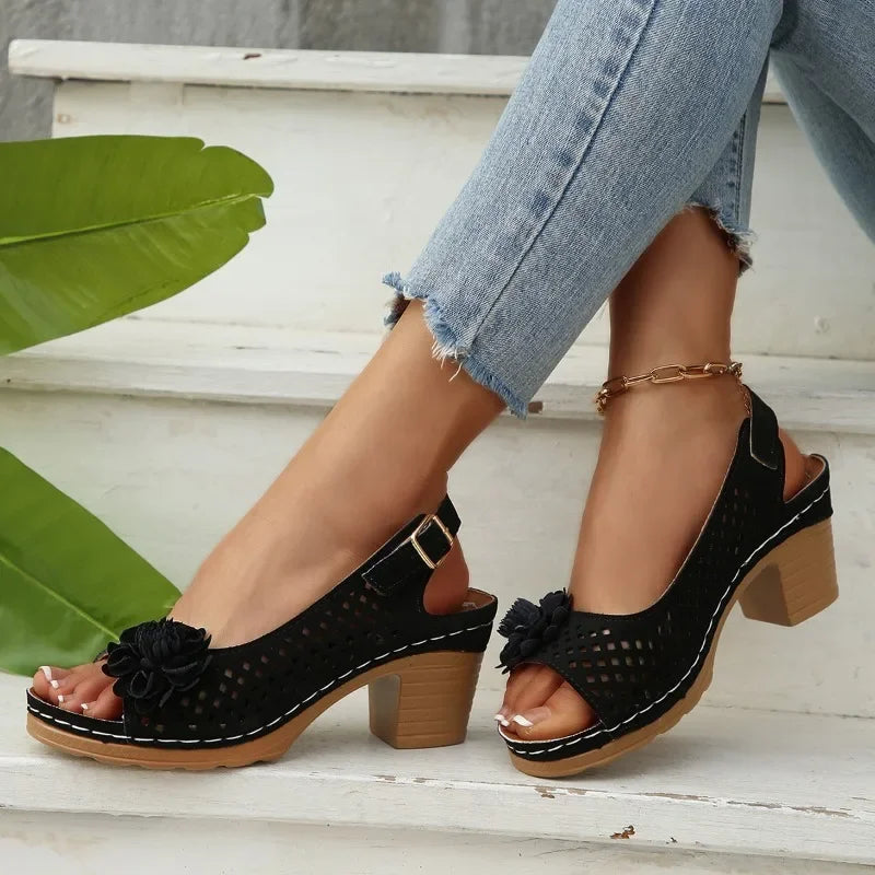 Cyflymder  Summer Fashionable Floral Thick High Heels Sandals for Women Strap Hollow Large Size Women's Shoes Platform Sliding Sandals