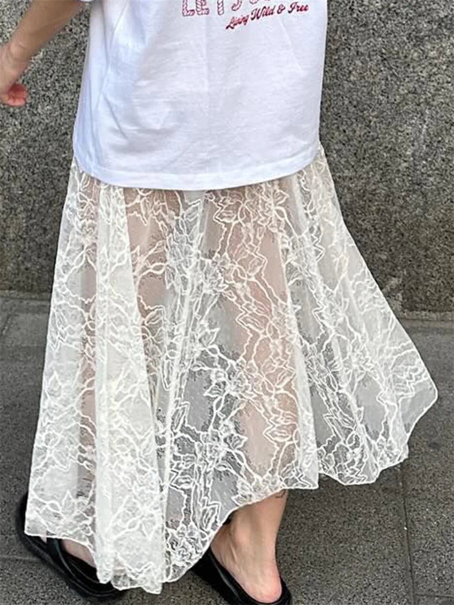 Cyflymder  Women's Summer Lace Long Skirts Elegant Low Waist Solid Color See-Through Midi Skirts Slim Fit Skirts
