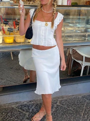 Cyflymder  White Lace Summer Women Set Sleeveless Crop Top+midi Skirt Outfits Beach Holiday Chic Vintage Sundress Dress Set