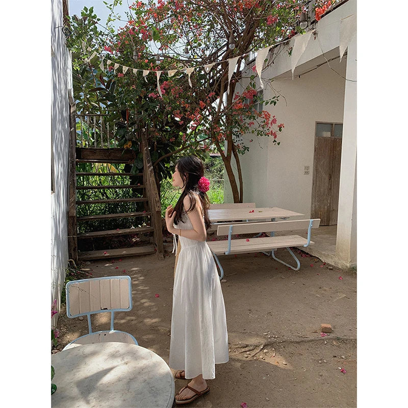 Cyflymder  Fairy White Midi Dress Women Fashion Vacation Beach Spaghetti Strap Dresses Summer Korean V Neck Lace Up Bodycon A Line Vestidos