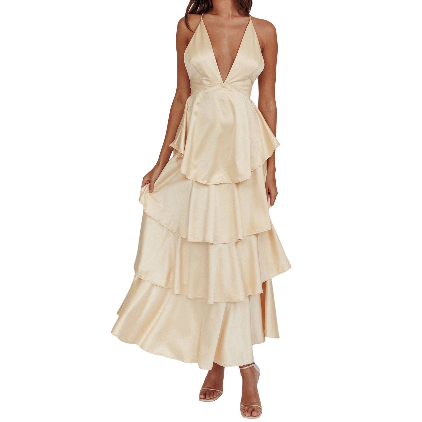 Cyflymder  Elegant Lace Sleeveless V-neck Backless Maxi Dress with Ruffled Hemline for Wedding Guest or Formal Event