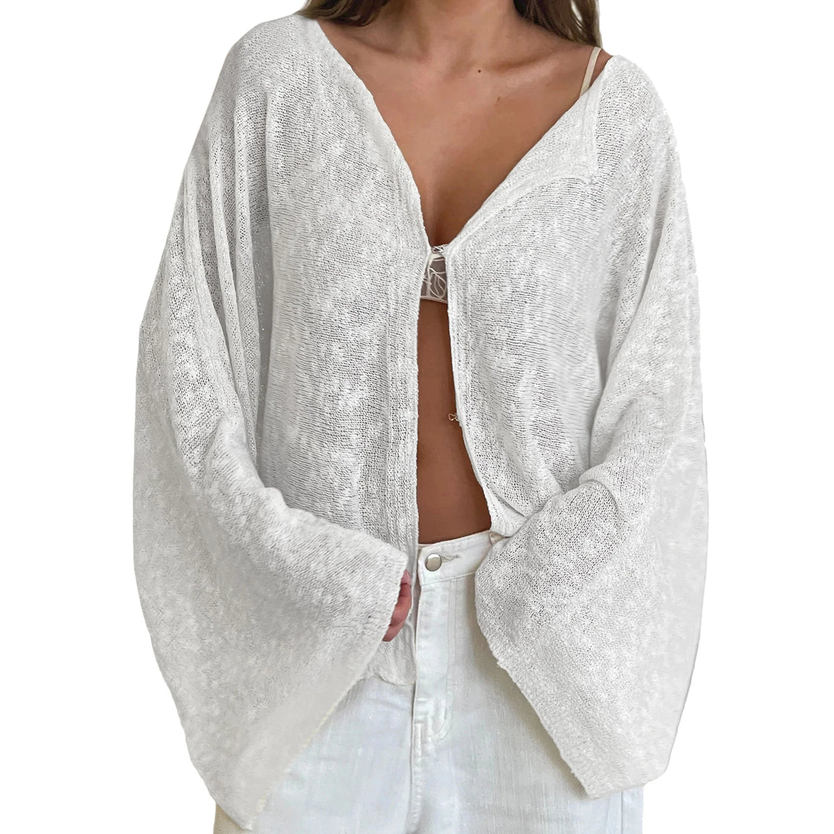 Cyflymder  Women Loose Cardigan Solid Boat Neck Hook and Eye Long Sleeve Knitted Tops Casual Fall Clothes