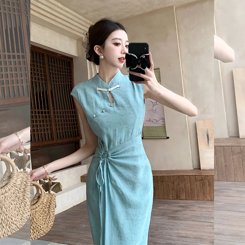 Cyflymder  Chinese Style Thin Dress Women Spring and Summer Stand Collar Cheongsam Slim Fit Dress Fashion Female Clothes