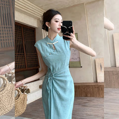 Cyflymder  Chinese Style Thin Dress Women Spring and Summer Stand Collar Cheongsam Slim Fit Dress Fashion Female Clothes