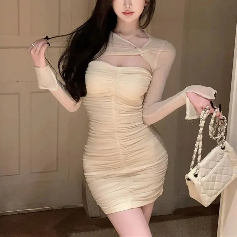 Cyflymder  Gauze Folds Stylish Hollow Out Mini Dress Female Clothing Long Sleeve Spring Autumn Aura Skew Collar Sexy Waist Bag Hip Dresses