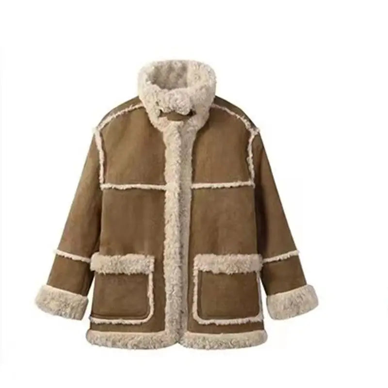 Cyflymder Winter Warm Overcoats Women Outwear Casual Y2k Office Lady Vintage Faux Fur Wool Coat Ladies Korean Fashion Khaki Jackets Chic