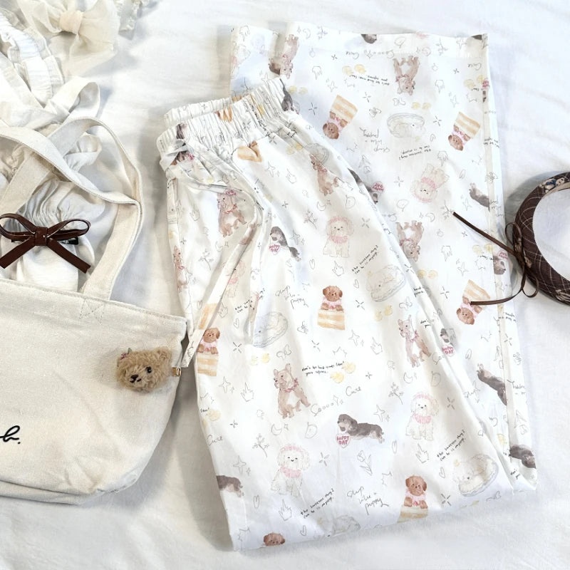 Cyflymder  Sweet Lolita Style Cartoon Dog Print Pants Women Y2k Aesthetic Lace-up Wide Leg Trousers Harajuku Casual Loose Kawaii Sweatpants