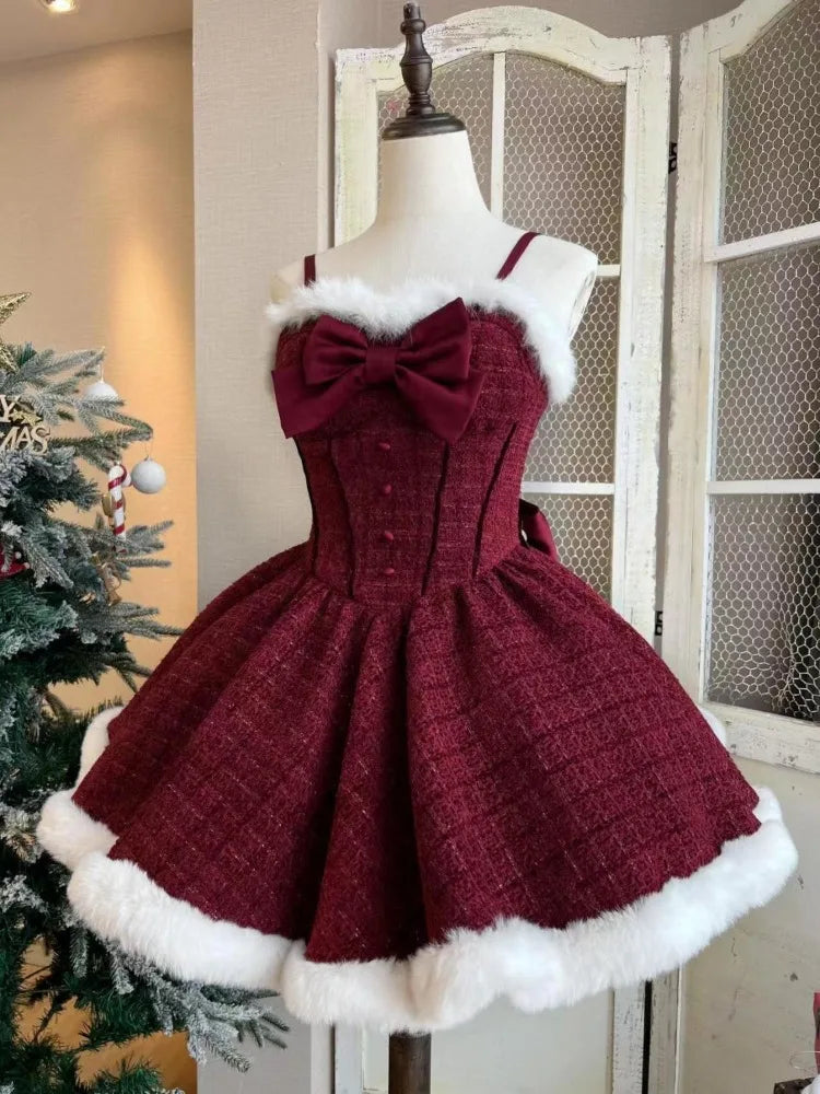 Cyflymder Christmas New Year 3 Piece Set Sweet Lolita Style Dress Sets Womens Elegant Chic Bow Plush Shawl Short Jackets Mini Skirts Suit