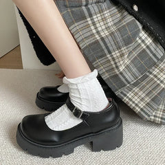 Cyflymder Platform Heels Mary Jane Shoes Simple Lolita Black Platform Heeled Shoes Student College Sweet Medium Heel Women Single Shoes