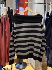 Cyflymder  Slash Neck Striped Sweaters for Woman Spring Black Grey Long Sleeve Knitted Pullover Top Casual Vintage Preppy Style Jumper