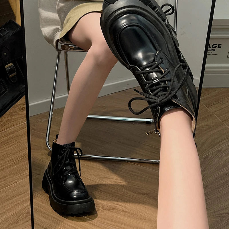 Cyflymder  Platform Thick Bottom Warm Short Plush Women Motorcycle Boots Fashion Lace Up Shoes Autumn Winter Female Short Booties