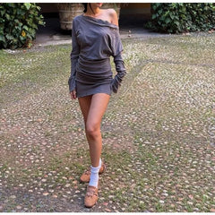 Cyflymder  Fashion Trend Autumn New Women's Clothing Spice Girl Slant Neck Off-Shoulder Long Sleeve Waist Dress