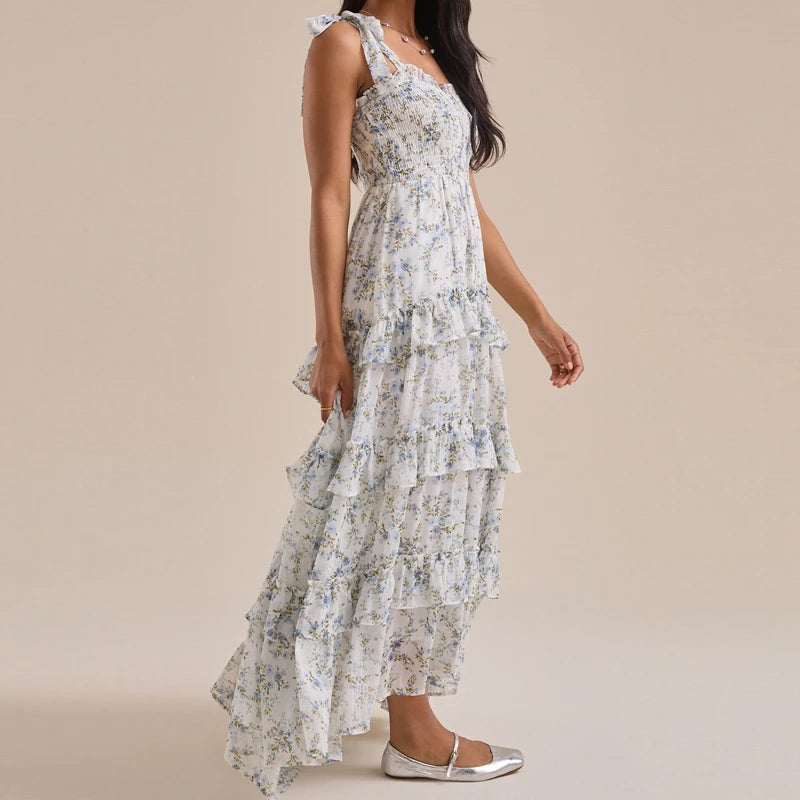 Cyflymder  Floral Tie Shoulder Maxi Dress for Women Y2k Spaghetti Strap Ruffles Flowy Long Dress Ladies Summer Boho Beach A-line Sundress