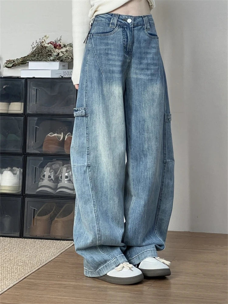 Cyflymder  Women' Curved Straight Wide Leg Light Blue Jeans Young Girl Denim Trousers Vintage Street Style Bottoms Female High Waisted Pant