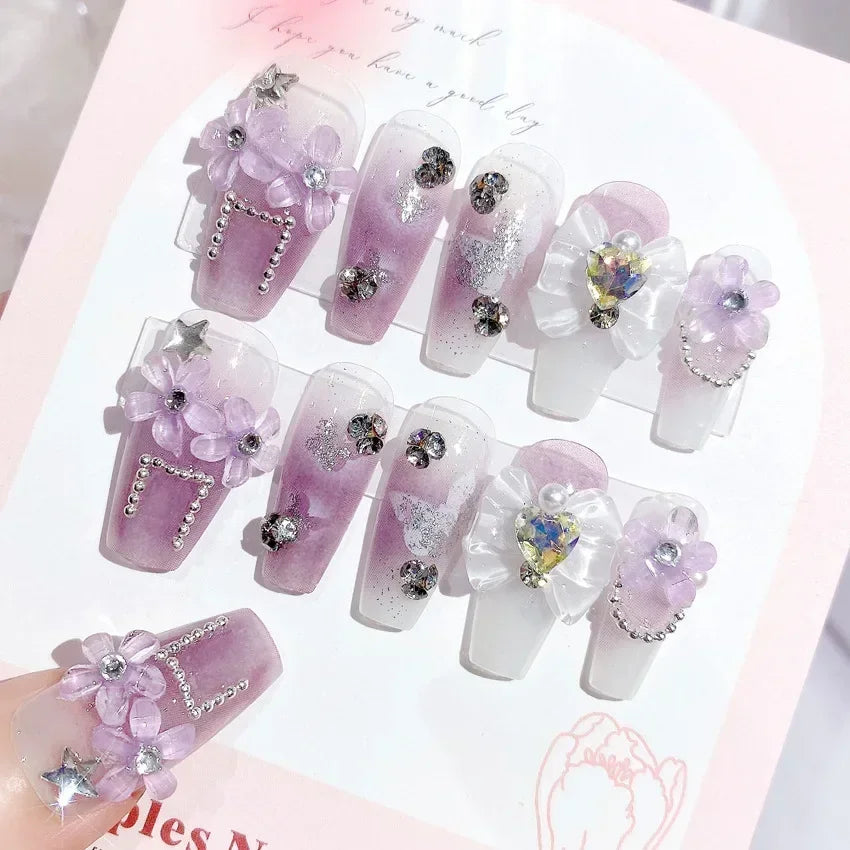 Cyflymder 24pcs Butterfly flower decorated false nails Removable full cover luxury rhinestones acrylic press on nails fake nails with glue