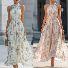 Cyflymder  Temperament Chiffon Sleeveless Party Dress Elegant Lady Off Shoulder Pleated Maxi Dress Floral Printed Slim Halter Evening Dress
