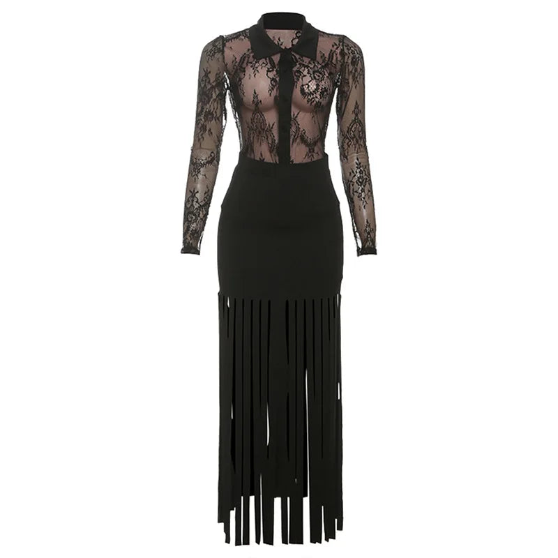 Cyflymder   Sexy See Through Mesh Lace Long Sleeve Shirts Top + Tassel High Waist Bodycon Maxi Skirts Women Fashion 2 Piece Set Party Suits