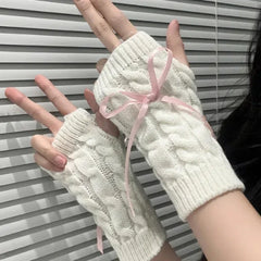 Cyflymder  New Sweet Cool Lolita Cute Bowknot Half Fingerless Gloves Ribbon Bow Sleeves Subcultural Fake Sleeves Knitted Hand Sleeves