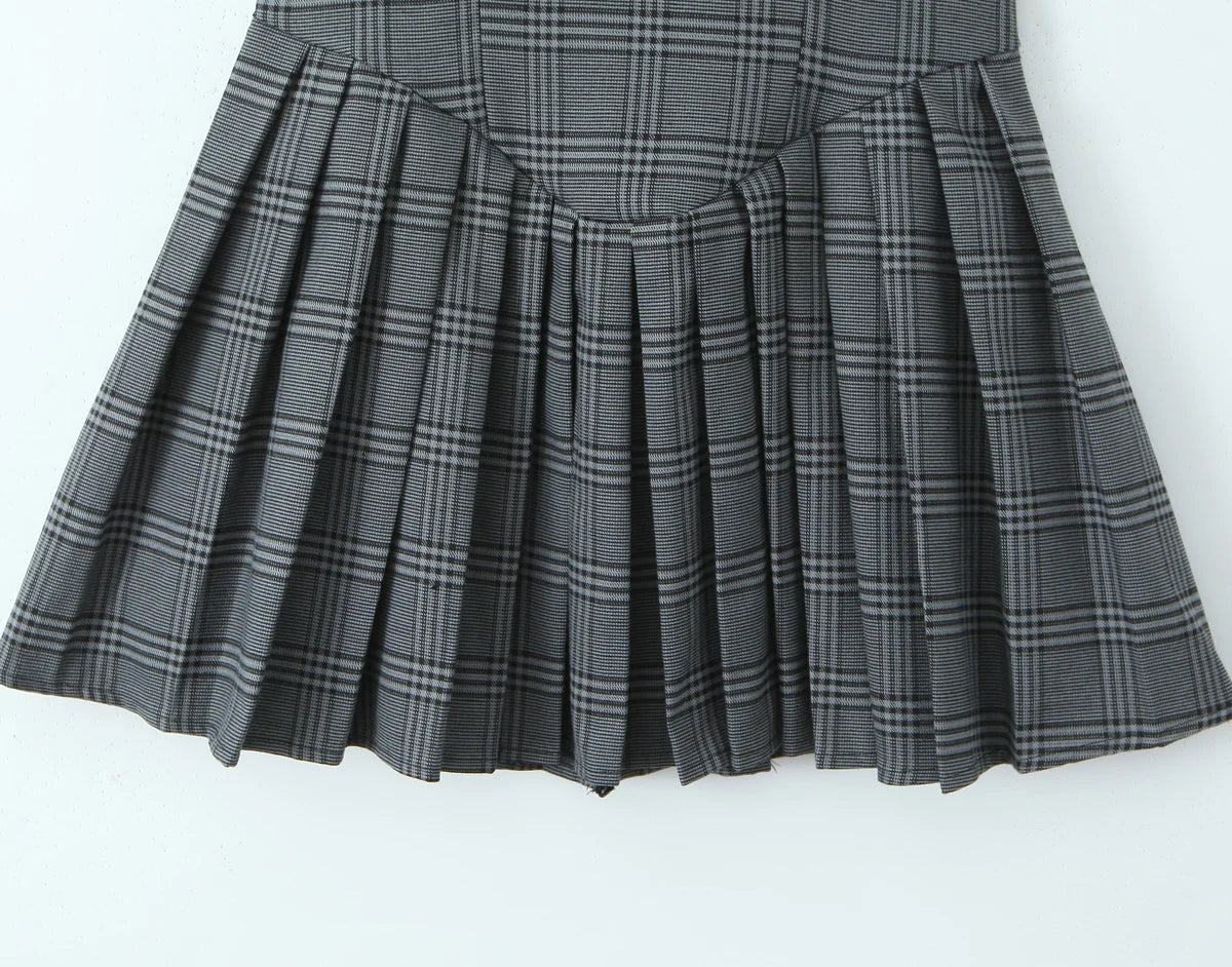 Cyflymder  Sexy O neck Gray Plaid Print Sleeveless Mini Dress Low Waist Spliced Folded Pleated Swing Women Tank Dresses Short Robe