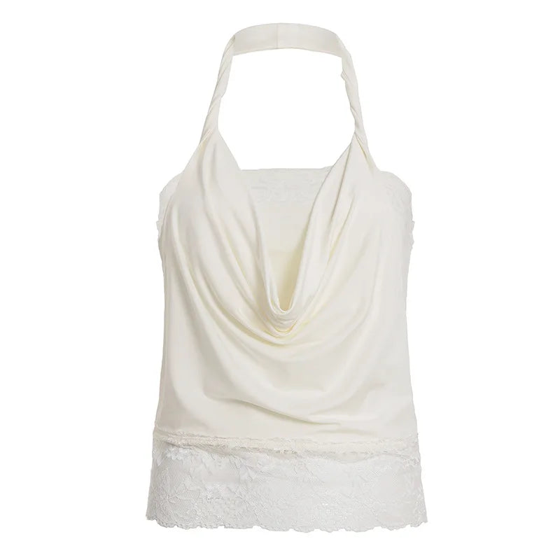 Cyflymder  Women's Halter Cowl Neck Top Sleeveless Lace Trim Hem Slim Fit Y2K Coquette Style Vintage Blouse Casual Daily Date Outfits