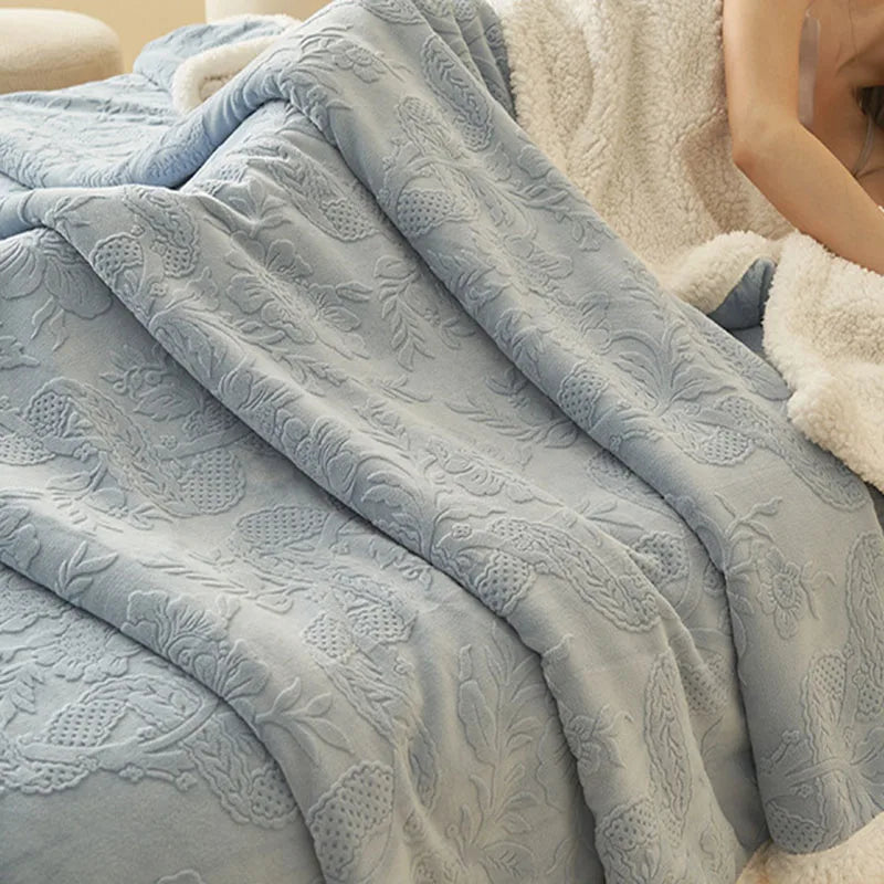 Cyflymder  European 3D Carved Milk Velvet Winter Blanket Thickened Lamb Wool Blanket for Living Room Sofa Soft Warm Nap Quilt for Office