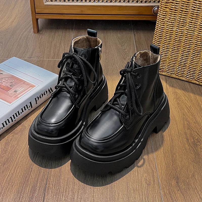Cyflymder  Platform Thick Bottom Warm Short Plush Women Motorcycle Boots Fashion Lace Up Shoes Autumn Winter Female Short Booties