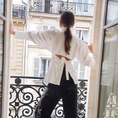 Cyflymder  Chic Long Sve White irt Blouse Women's Straight Cut  Knot Cotton Ropa Top Quali Faion Spring Summer Autumn