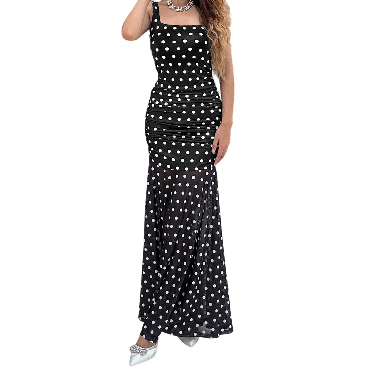 Cyflymder  Elegant Floral Print Maxi Dress Women s Summer Sleeveless Square Neck Bodycon Ruffle Dress with Polka Dot Pattern