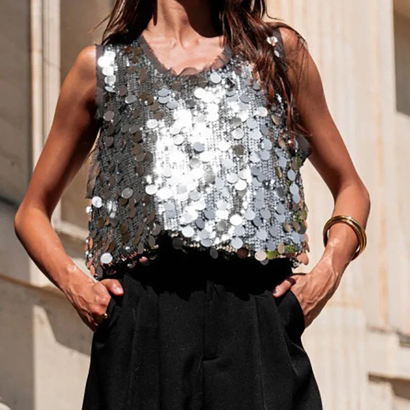 Cyflymder  Fashion Women's Clothing Holiday Blouses Shiny Sequined Sleeveless Vest Top Summer Ladies O-neck Hollow Out Club Party T-shirt