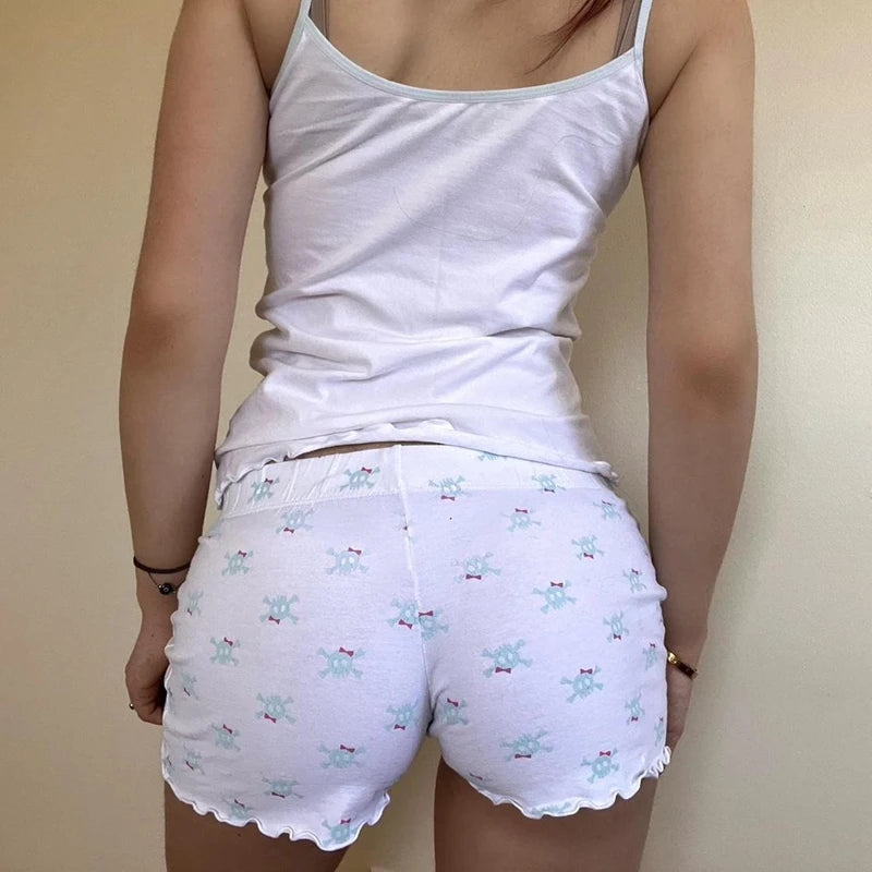 Cyflymder  Fairy Y2K 00s Vintage 2 Piece Kawaii Skull Print Pajama Set Lovely White Cami + Mini Shorts Grunge Coquette Lounge