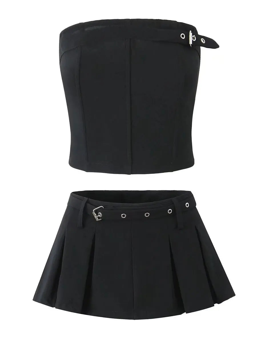 Cyflymder  Retro American Hot Girl Slim Fit Strapl Cinched Waist  A-Line Skirt SetWith Se Inner ortigh Waist Street