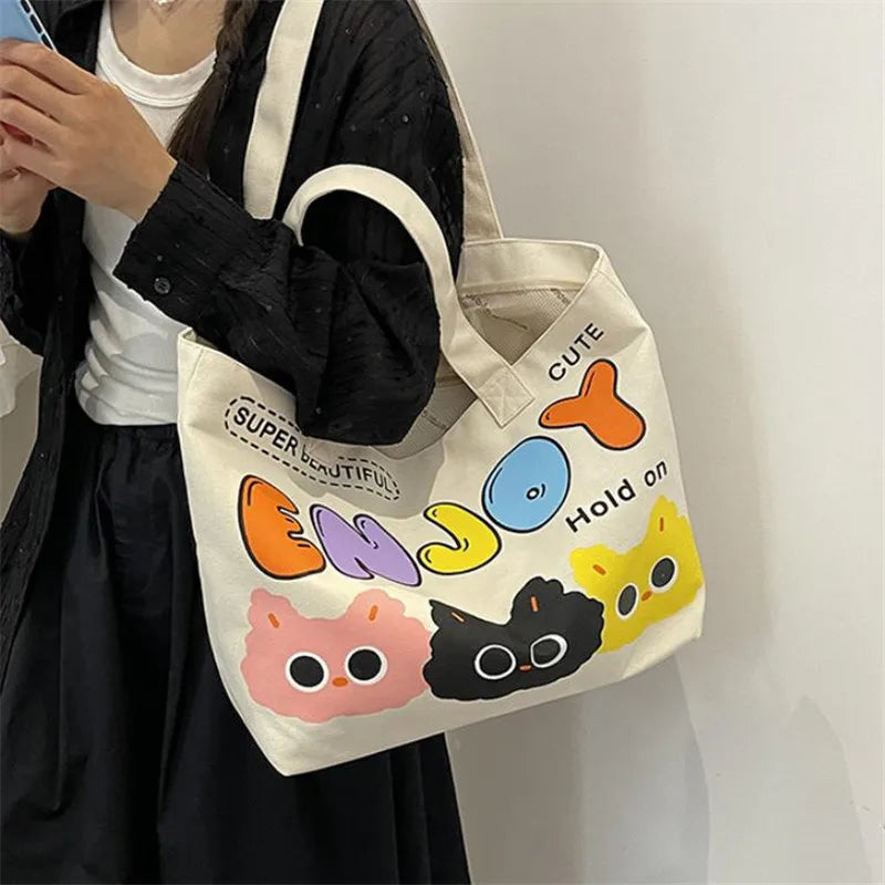 Cyflymder  Letter Printed Tote Bag, Cute Cartoon Canvas Handbag Shoulder Bag, Large Capacity Shopping Bag, Campus Computer School Book Bag