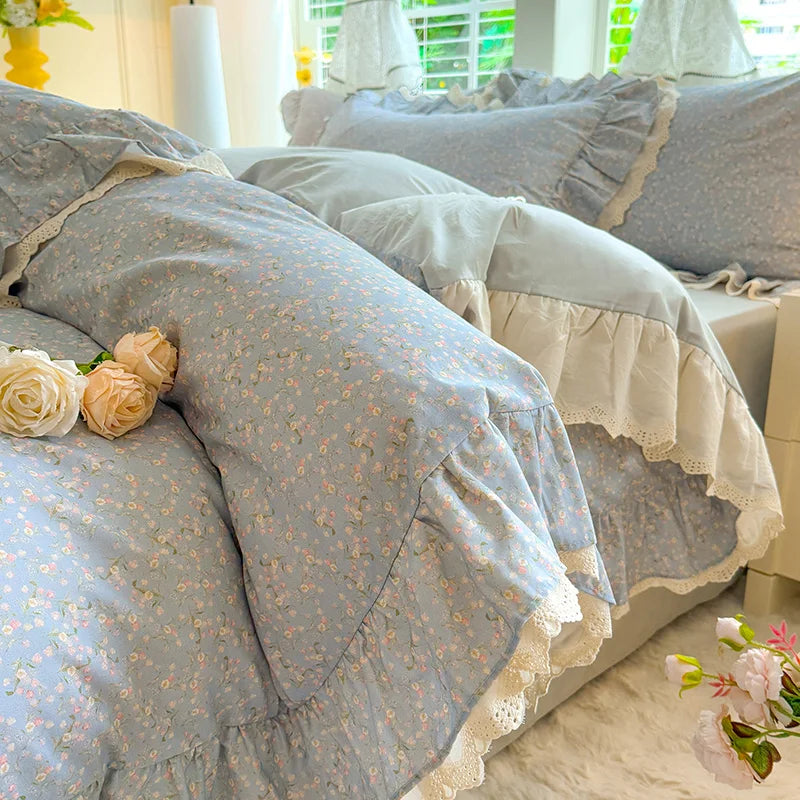 Cyflymder  Korean Princess Style Small Florals Lace Ruffles 600TC Cotton Brushed 4Pcs Bedding Set Duvet Cover Flat/Fitted Sheet Pillowcases