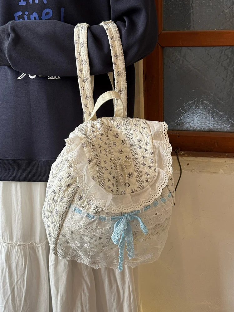 Cyflymder  Korean Lace Patchwork Sweet Bow Backpack Women Students Chic Flower Print Bow Schoolbags Y2k Aesthetic Girls All Match Backpacks