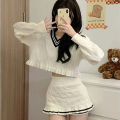 Cyflymder Korean Fashion Y2k Two Piece Skirt Set Women Sweet Stripe Knitted Sweater Crop Tops Slim Bodycon Mini Skirts Kawaii Lolita Suits