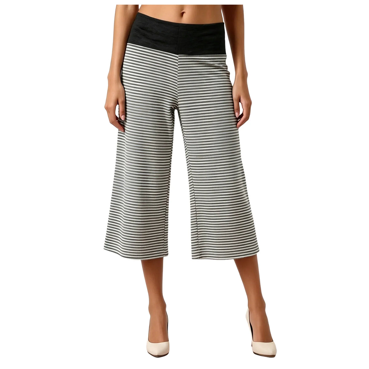 Cyflymder  Women's Striped Fold Over Waist Capri Pants 2026 New Fashion Elastic Waist Flare Leg Trousers Soft Casual Loose Fit Yoga Pants