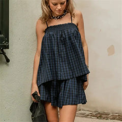 Cyflymder  Women Gingham Two Piece Set Sleeveless Babydoll Tank Top and Plaid Shorts Pajama Set Sleepwear Y2k Summer Outfits