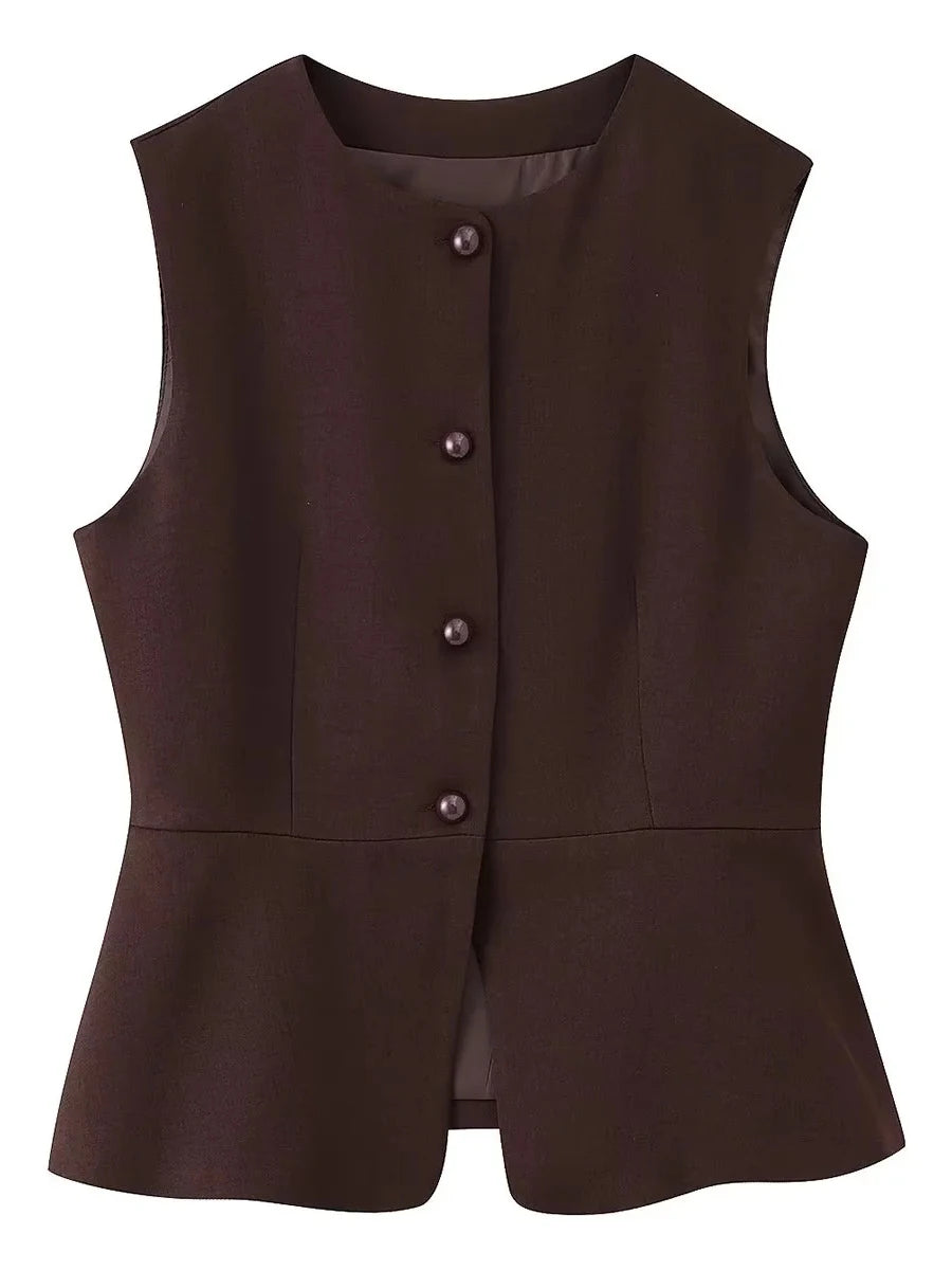 Cyflymder  Office Ruched Hem Tank Top for Women O Neck Sleeveless Patchwork Single Breasted Temperament Vest Female Fashion