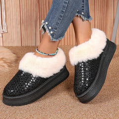 Cyflymder Silver Sequins Padded Thickened Platform Ankle Boots Women's Half Slippers Warm Snow Boots Winter Hot Thick Bottom Fluffy Boots