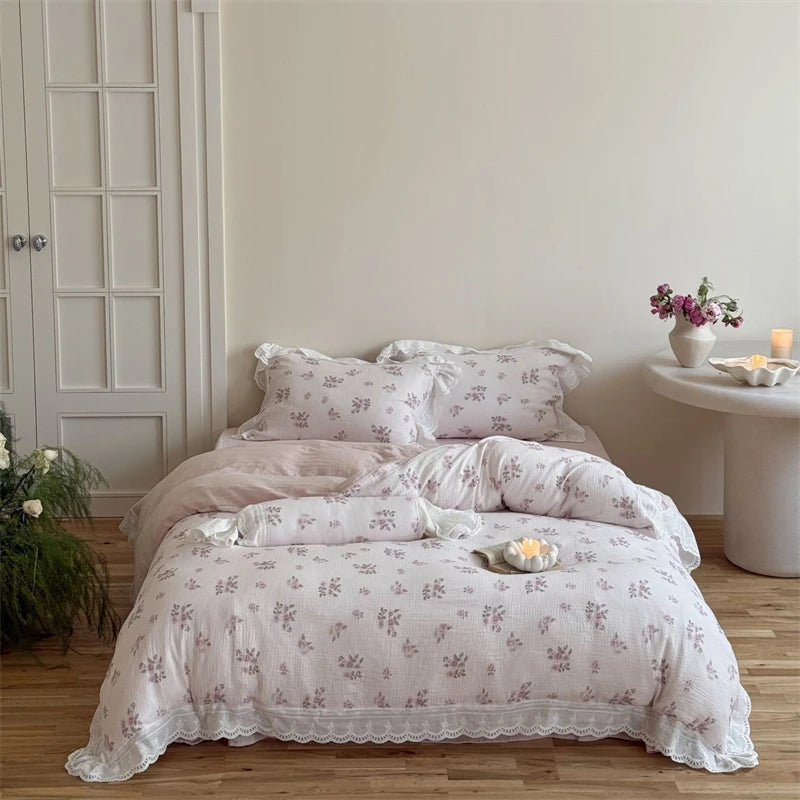 Cyflymder  Flowers Print Lace Ruffles Bedding Set 100% Cotton Double Layer Yarn Soft Duvet Cover Bed Sheet/Fitted Sheet Pillowcases 4Pcs