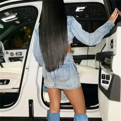 Cyflymder  Women Ultra Short Jacket Denim Suits High Waist Lace-up Single-breasted Open Crotch Splicing Pockets Skirt Female Two Piece Sets