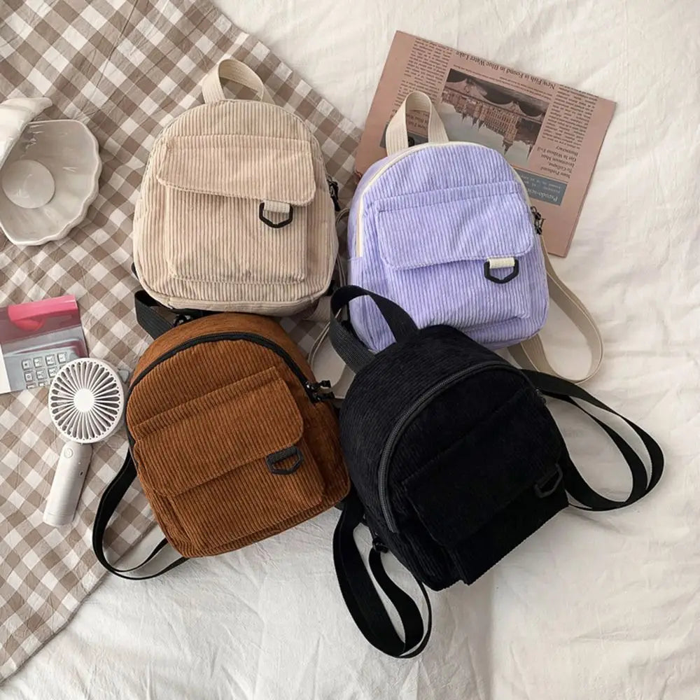 Cyflymder Fashion Women Mini Backpack Corduroy Handbags Simple Solid Color Backpacks Student Bookbags Traveling Backpacks