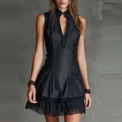 Cyflymder  Splicing Solid Color Mini Dress Summer Casual Sleeveless Hight Waist Dress Sexy Deep V-neck Hollow Out Short Dress