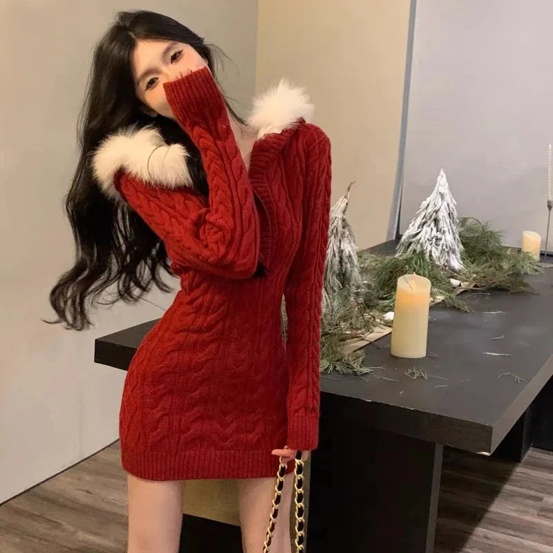 Cyflymder Autumn Winter Elegant Women Sweater Christmas Red Slim Fur Patchwork Hooded Knitted Dress Female Korean Knitwear Hoodie Tops