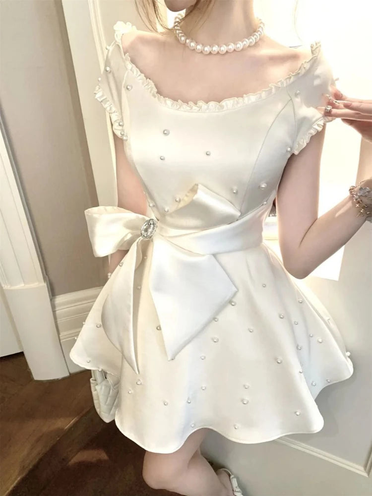 Cyflymder  New French Elegant Sweet Style Vintage Dress Women Design Sense Pearl Bow Short Sleeve Dresses Aesthetic Fashion Party Clothing