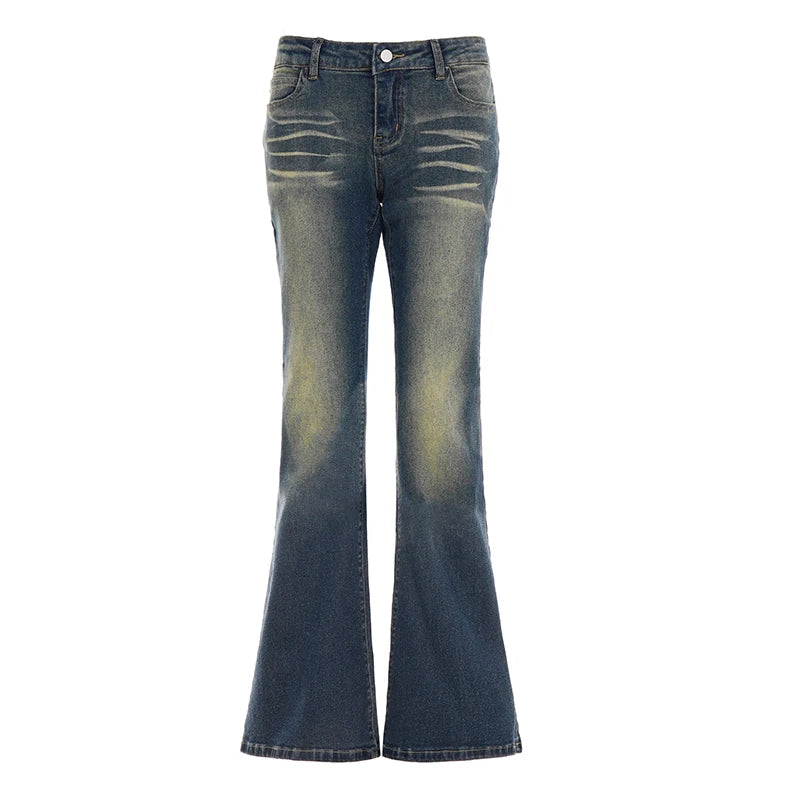Cyflymder  Fashion Washed Low Rise Contrast Color Slimming Jeans Women's Streetwear Long Flared Denim Bottoms Button-Fly Pockets